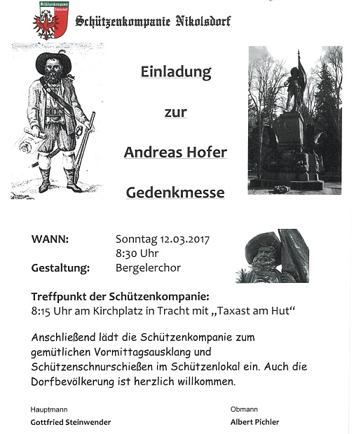 Einladung Andreas Hofer Gedenkmesse Nikolsdorf