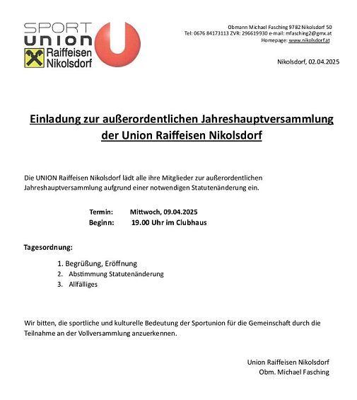 Einladung AO Vollversammlung Sportunion Nikolsdorf 2025