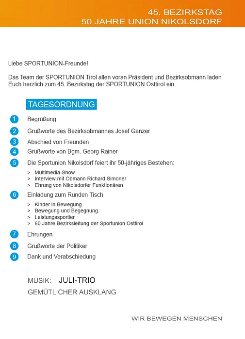 Einladung 50 Jahre Sportunion Nikolsdorf Tagesordnung